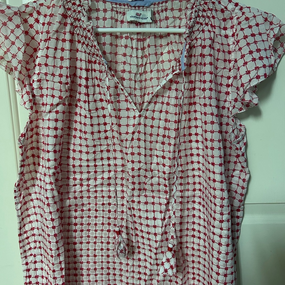 Vineyard Vines White and Red Grid Print Ruffle Sleeve Blouse